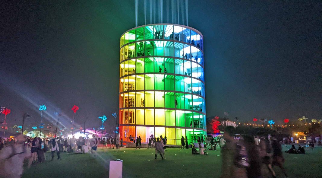 Coachella festival rainbow Spectra tower